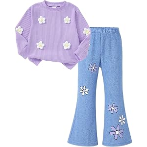 Yhnslsf Girls Clothes Little Girl 2 Piece Outfit Kids Clothing Sets 3-8Y | Fall Winter Ribbed Sweatshirt Tops Flare Jean Todd