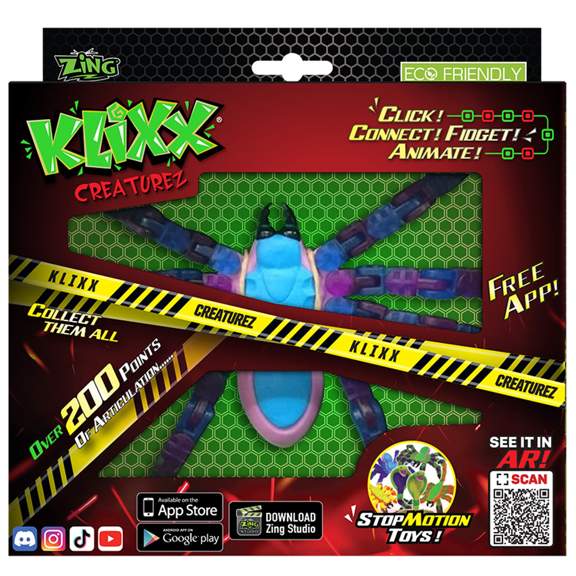 Zing KLiXX Spider Blue– Stop Frame Animation and Fidget Toy with 200 Points of Articulation, Click Connect Fidget Animate