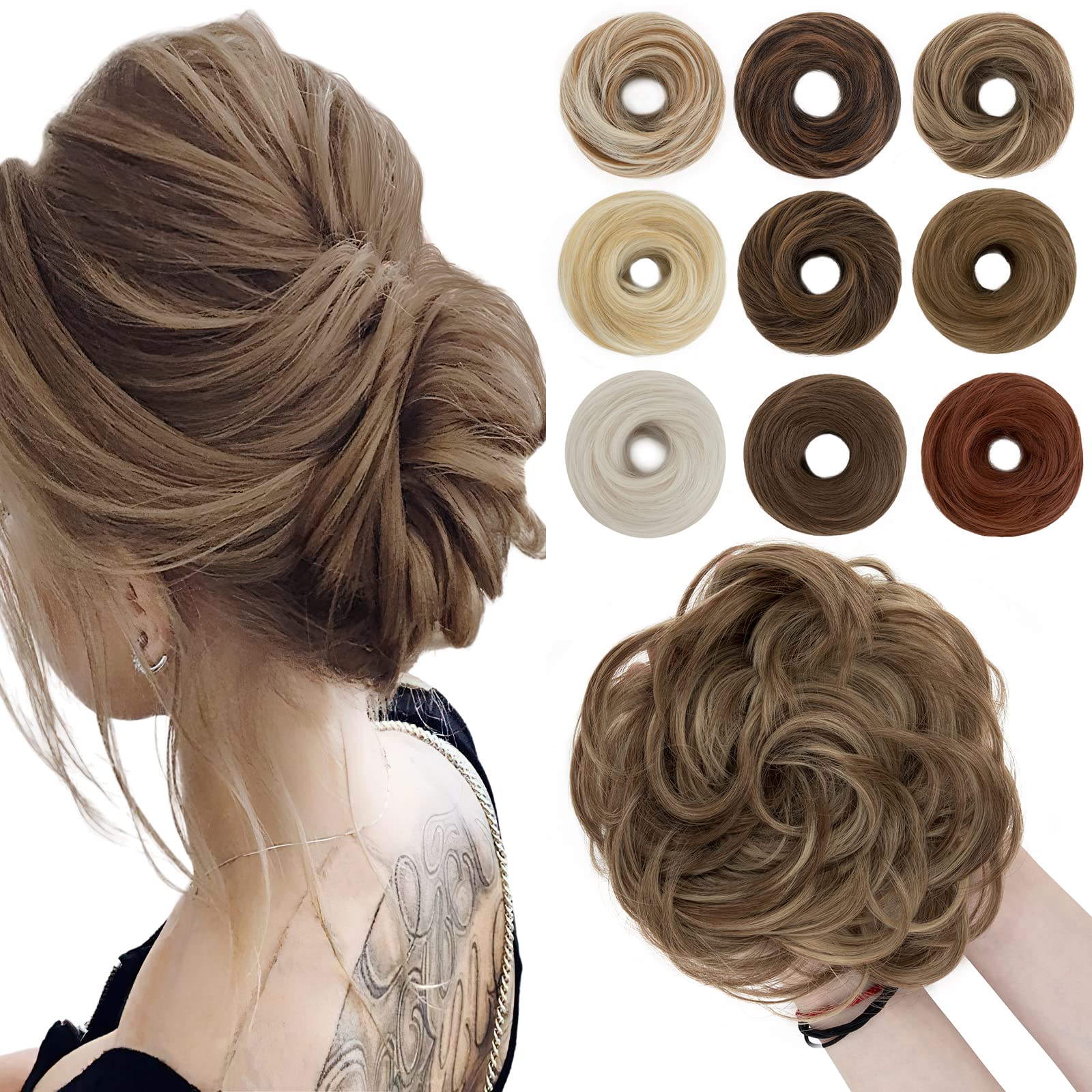 SEGO 55g Messy Bun Fluffy Tousled Updo Scrunchies Synthetic Thicker Hair Bun Hair Piece For Women Donut Easy Bun Hairpiece, Light Brown & Ash Blonde, 1 Count