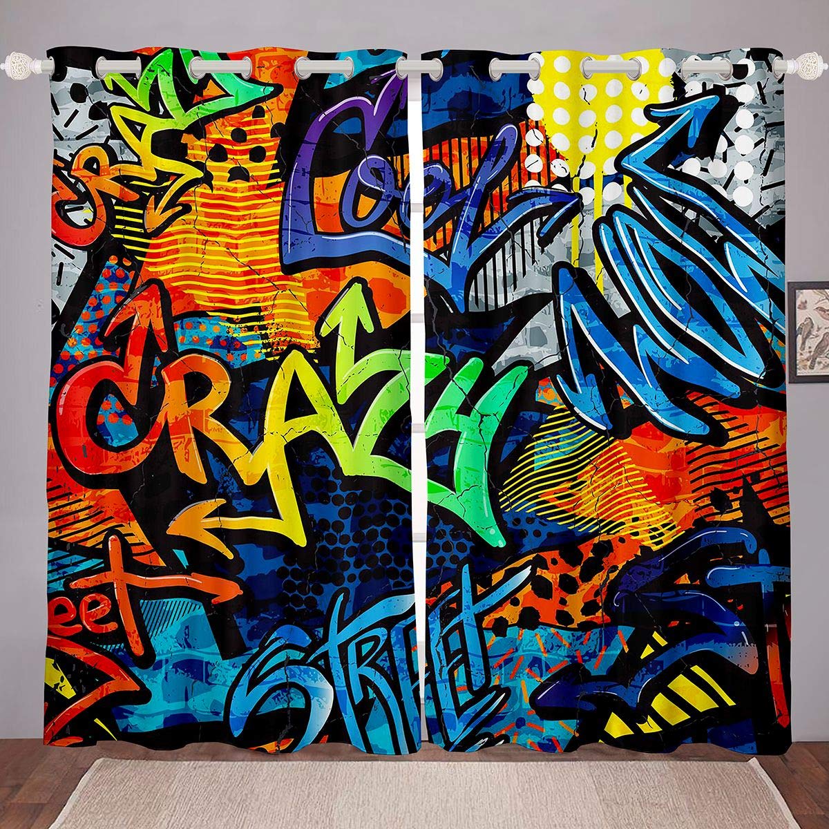 Hippie Graffiti Style Window Curtains for Bedroom Living Room Teens Hip Hop Decor Curtains for Kids Boys Girls Graffiti Window Drapes Street Culture Window Treatments W46*L54