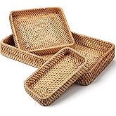 3 Pcs Rattan Serving Tray Set, Natural Decorative Woven Trays Rectangular Wicker Tray Set for Fruit, Water Cups, Teacups, Snacks, Candy, Dried Fruit, Bread, Desserts (3 Sizes)
