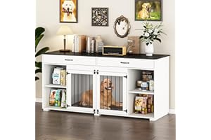 PIAOMTIEE Large Dog Crate Furniture with Storage, 72.4" Wooden Dog Crate Kennel Furniture with 2 Drawers and 4 Shelves, XXL Dog Crates Furniture for Small, Medium or Large Dog Indoor, White