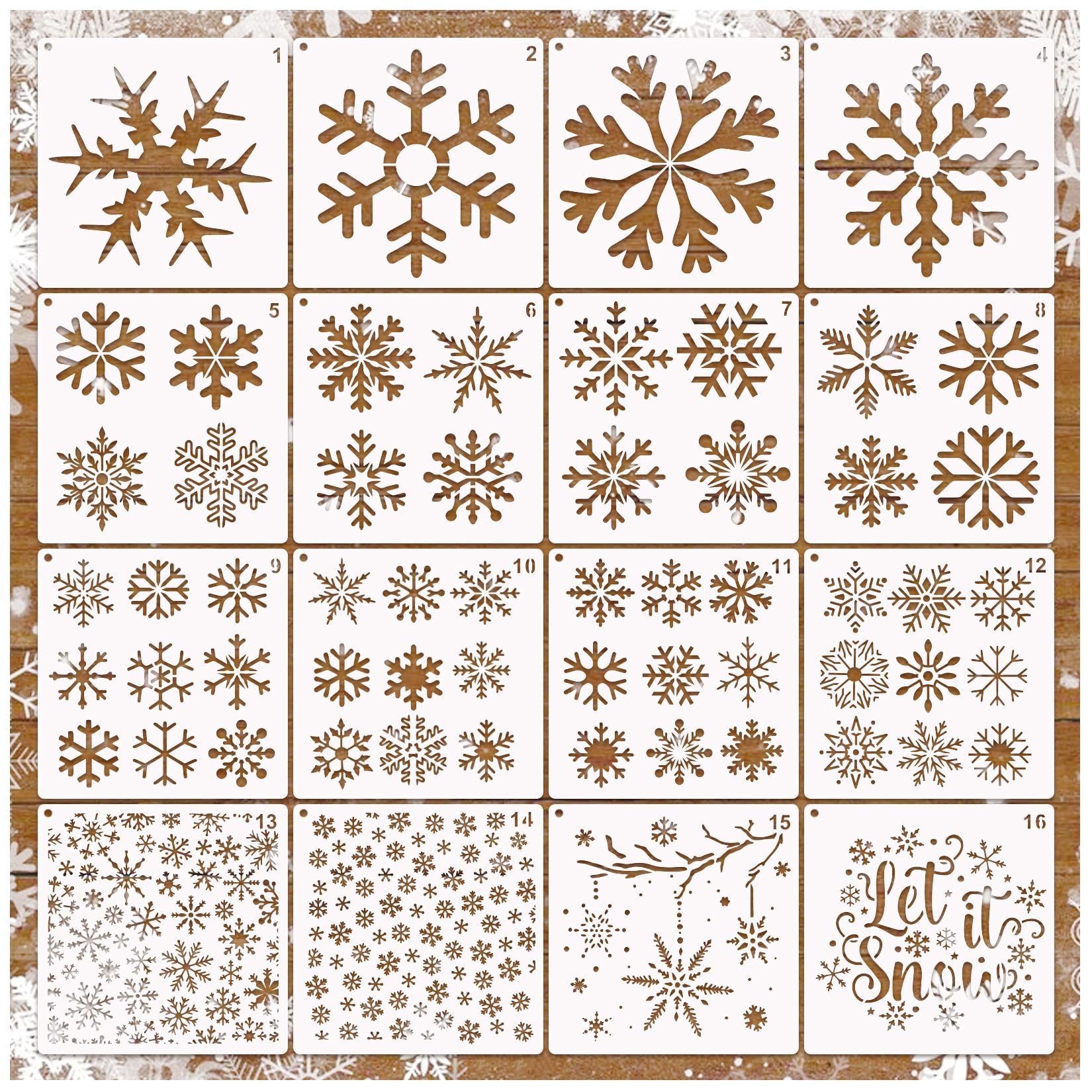 Photo 1 of 16 Pieces Christmas Snowflake Stencil Reusable Large Winter Stencils Plastic Holiday Crafts Stencils for Window Glass Wall Doormat Wood Decoration (16 Snowflakes)
