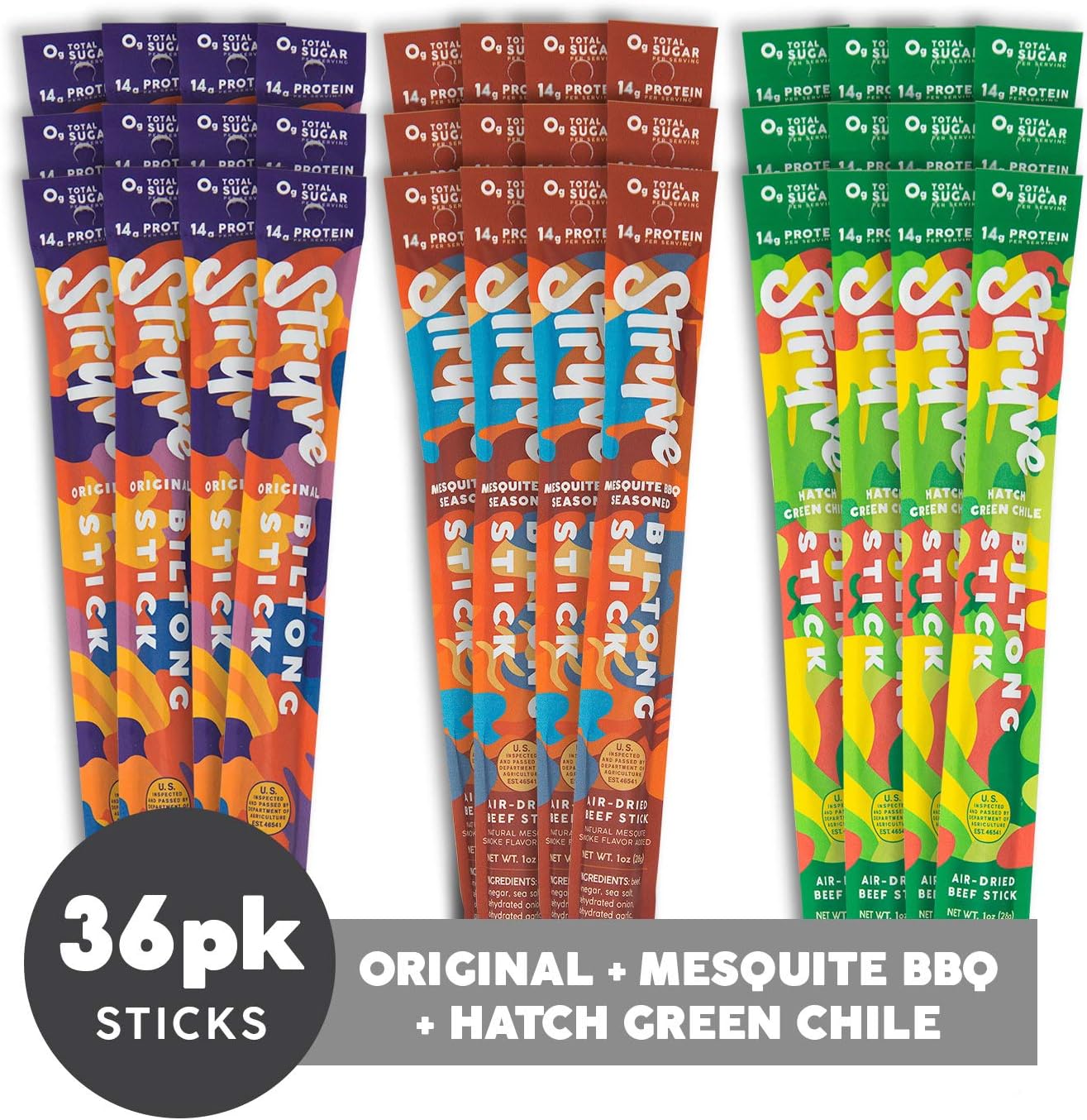 Stryve Biltong Beef Sticks. 14g Protein, 0g Sugar, No Carbs, Gluten Free, No Nitrates, No MSG, No Preservatives. Keto and Paleo Friendly. Original, BBQ, Hatch Green Chile. 36-Count