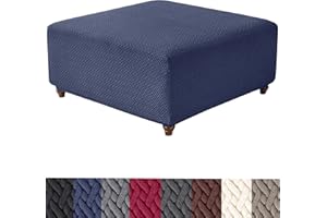 HFCNMY Ottoman Cover Square,Stretch Knitted Jacquard Square Ottoman Cover Thick Ottoman Slipcover Square Washable Storage Ottoman Cover Foot Stool Cover with Elastic Bottom Blue Large