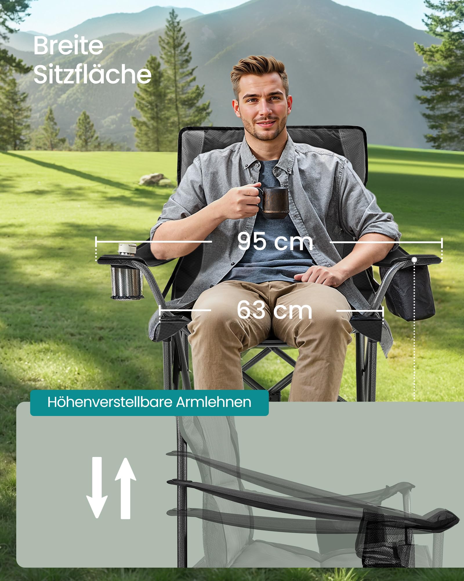 SONGMICS Campingstuhl, Klappstuhl mit Getränkehalter, Angelstuhl, Schaumstoffpolsterung, klappbar, bis 205 kg belastbar, Outdoor-Stuhl, hohe Rückenlehne, tintenschwarz GCB066B01 4