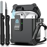 RFUNGUANGO AirPods 2 Case with Lock Magnetic Lid, Black | Compatible with Apple AirPods 2(2019) and AirPods(2016) Case with Cleaner Kit &amp; Keychain, Powerful Drop Protection