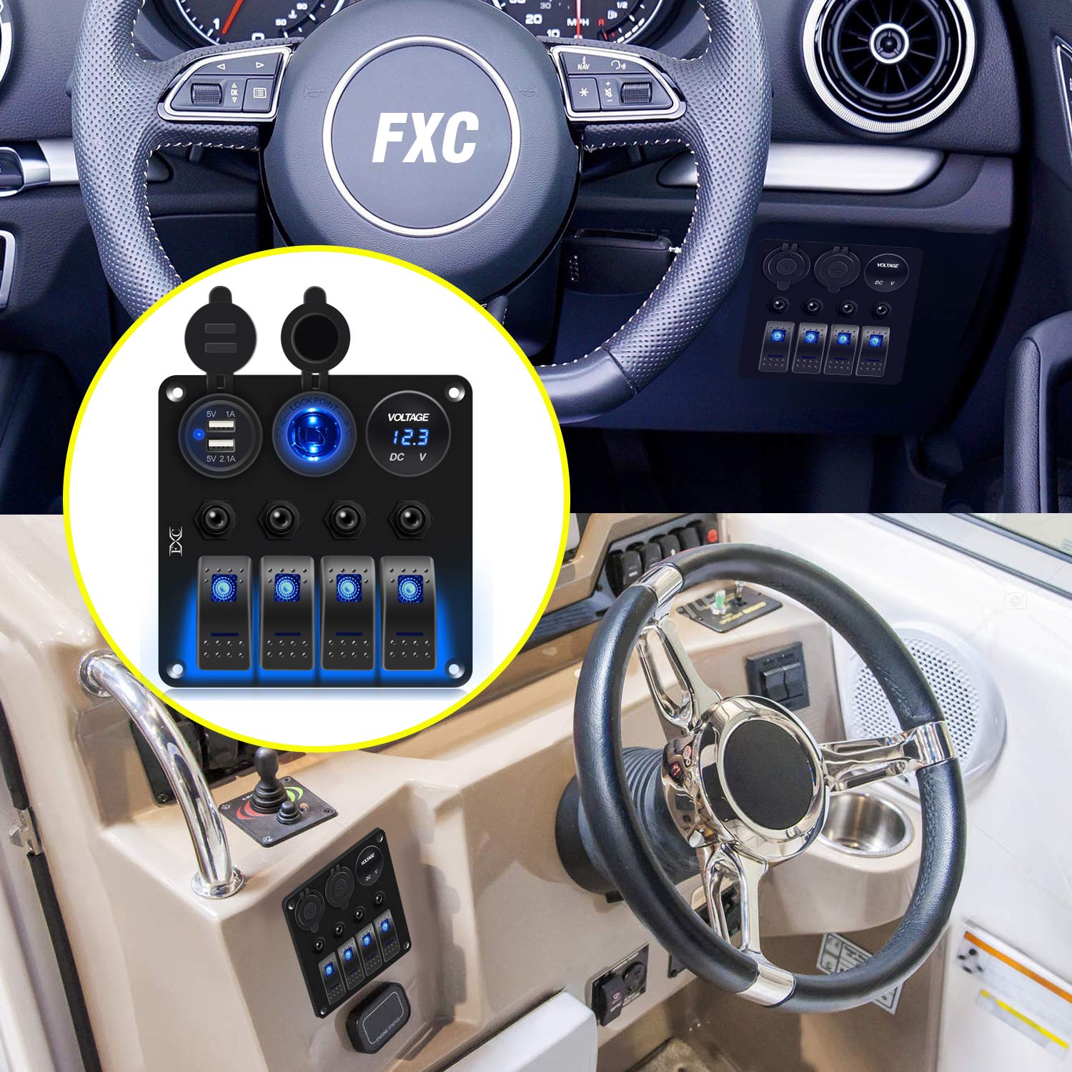 FXC Waterproof Marine Boat Rocker Switch Panel 4 Gang with 3.1A Dual USB Slot Socket + Cigarette Lighter +LED Voltmeter with Overload Protection for Car Rv Vehicles Truck (4 Gang Blue LED) (4 Blue): Industrial & Scientific