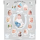 Tiny Ideas My First Year Baby Milestone Photo Frame | Holds Twelve 1.25" x 1.75" Monthly Photos and One 3" x 4.25" First Birthday Photo, Silver Easel Display