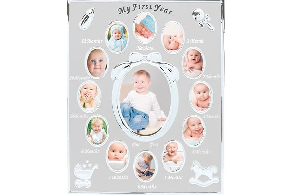 Tiny Ideas Baby's My First Year Picture Frame, Classic Baby Keepsake Frame, Monthly Baby Photo Frame, Silver