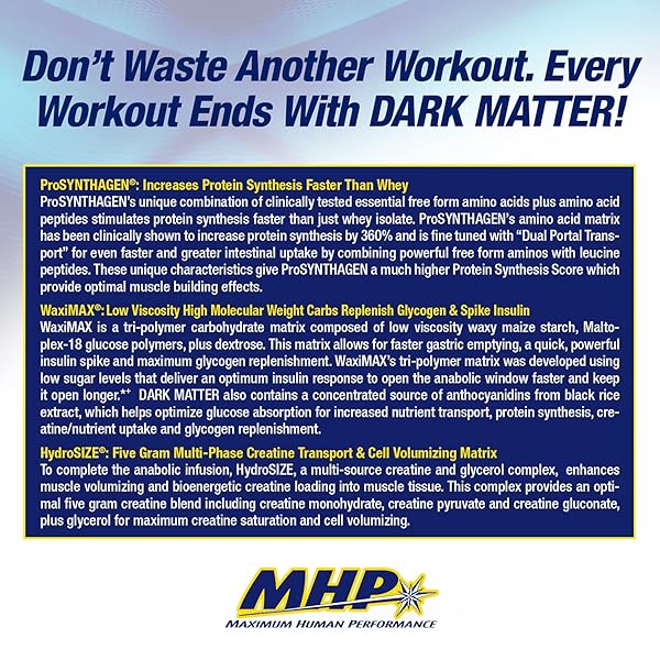 MHP DARK MATTER POST WORKOUT, RECOVERY ACCELERATOR, W/MULTI PHASE CREATINE, WAXY MAIZE CARBOHYDRATE, 6G EAAS, FRUIT PUNCH, 20 SERVINGS, 55 OZ