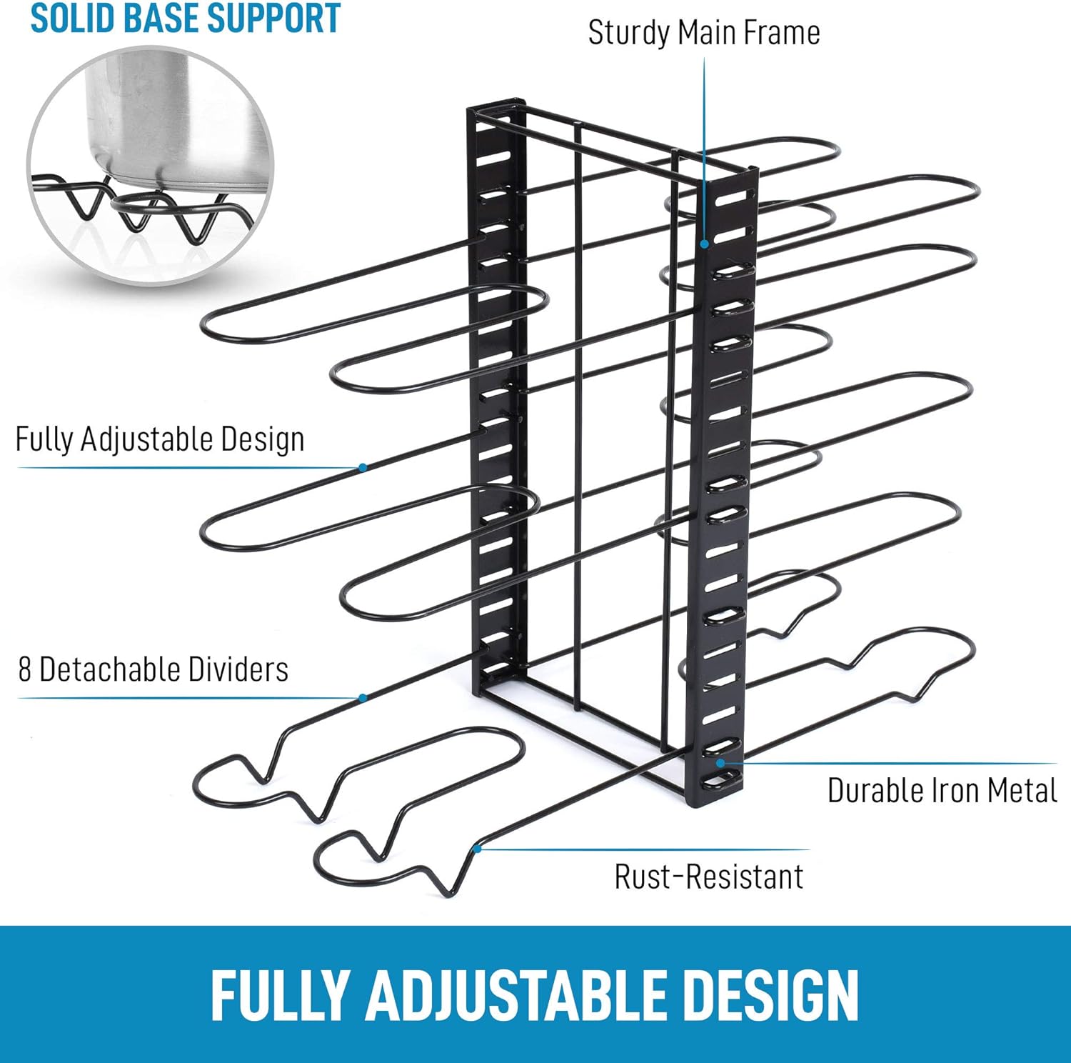 Zulay 8-Tier Pots and Pans Organizer Under Cabinet - Easy 3 Adjustable Method Pan Organizer Rack For Cabinet - Kitchen Pot Organizer Rack For Cabinet For Large & Small Cookware: Home Improvement