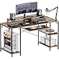HYPIGO Computer Desk with Keyboard Tray, 55 Inch Music Studio Desk Music Production Desk with Storage Shelves Monitor Stands and 4 Iron Hooks, Desk Workstation Gaming Table for Home Office