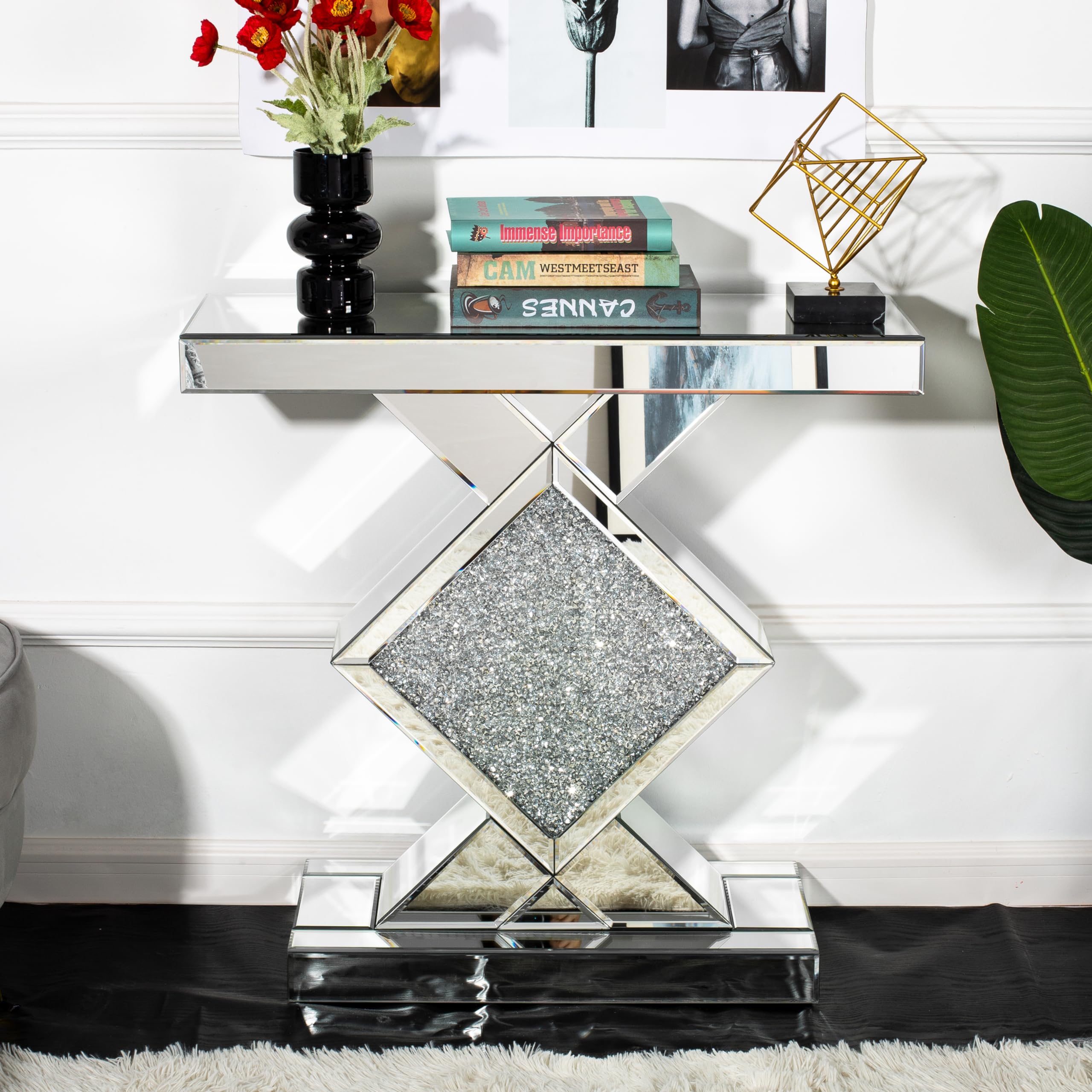 Photo 1 of Console Table Mirrored, Silver Entryway Tables with Diamond Shaped Mirror Finished, 31.5'' Long Accent Narrow Table, Glass Sofa Tables Foyer Tables for Living Room Hallway Entrance