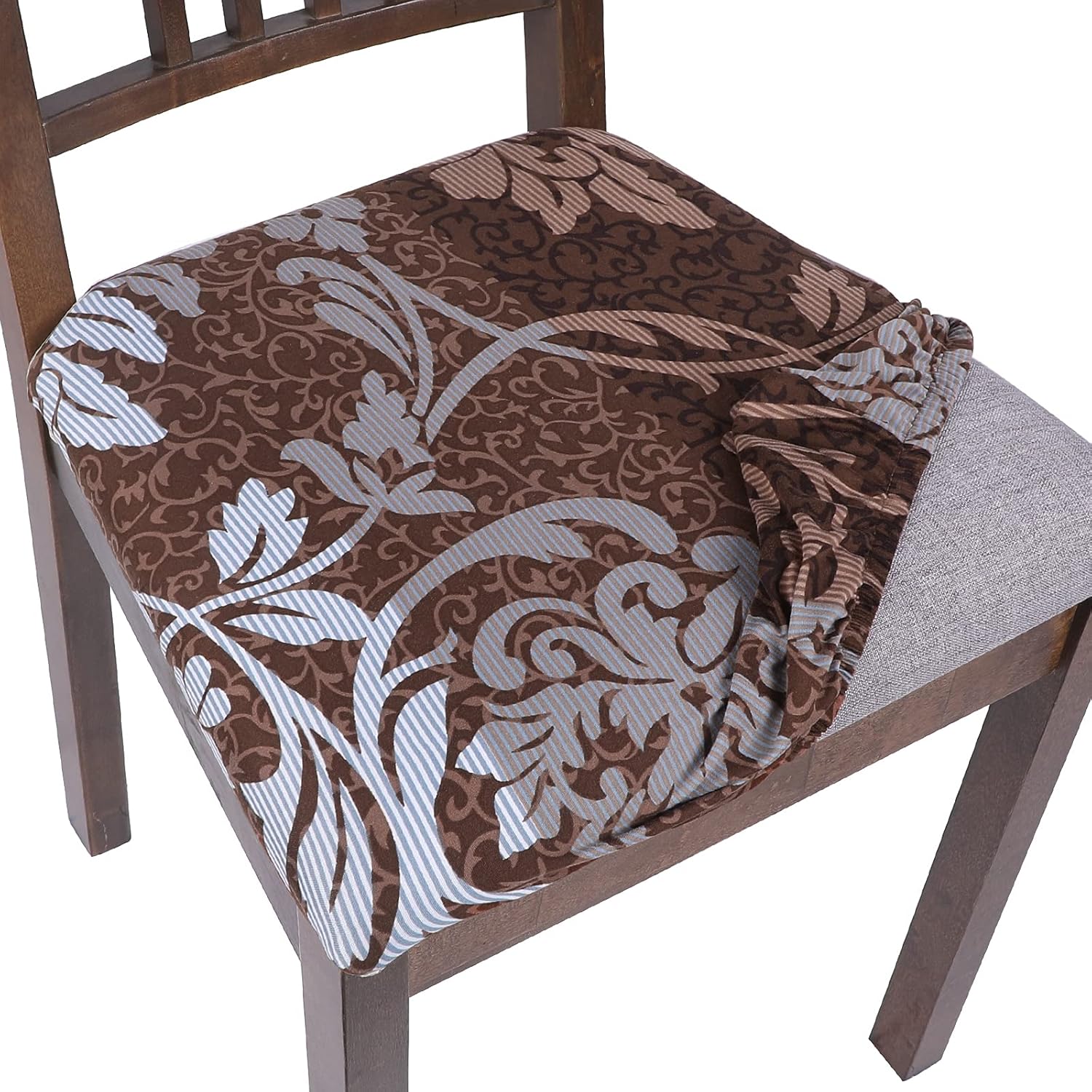 Slipcovers - SearchI Seat Covers for Dining Room Chairs Stretch Printed Chair Seat Covers Set of 6, Removable Washable Upholstered Chair Seat Protector Cushion Slipcovers for Kitchen, Office(Brown+Flower)