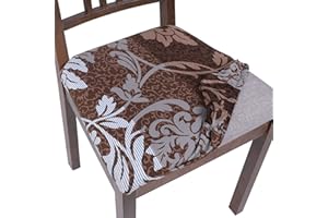 SearchI Seat Covers for Dining Room Chairs Stretch Printed Chair Seat Covers Set of 6, Removable Washable Upholstered Chair Seat Protector Cushion Slipcovers for Kitchen, Office(Brown+Flower)