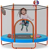 Ativafit 60'' Rebounder Trampoline Indoor Outdoor for Kids Ages 1-8, 5 FT Recreational Toddler Trampoline with Safety Enclosure Net Gifts with Basketball Hoop Dartboard Ocean Bal