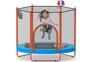 Ativafit 60'' Rebounder Trampoline Indoor Outdoor for Kids Ages 1-8, 5 FT Recreational Toddler Trampoline with Safety Enclosure Net Gifts with Basketball Hoop Dartboard Ocean Bal
