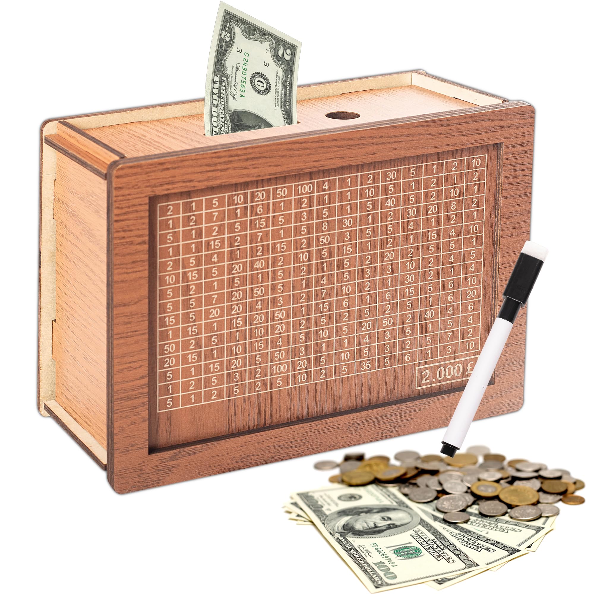 Cash Vault Money Bank Box With Erasable Pen, Decorative Wooden Savings Box for Home Adults Kids