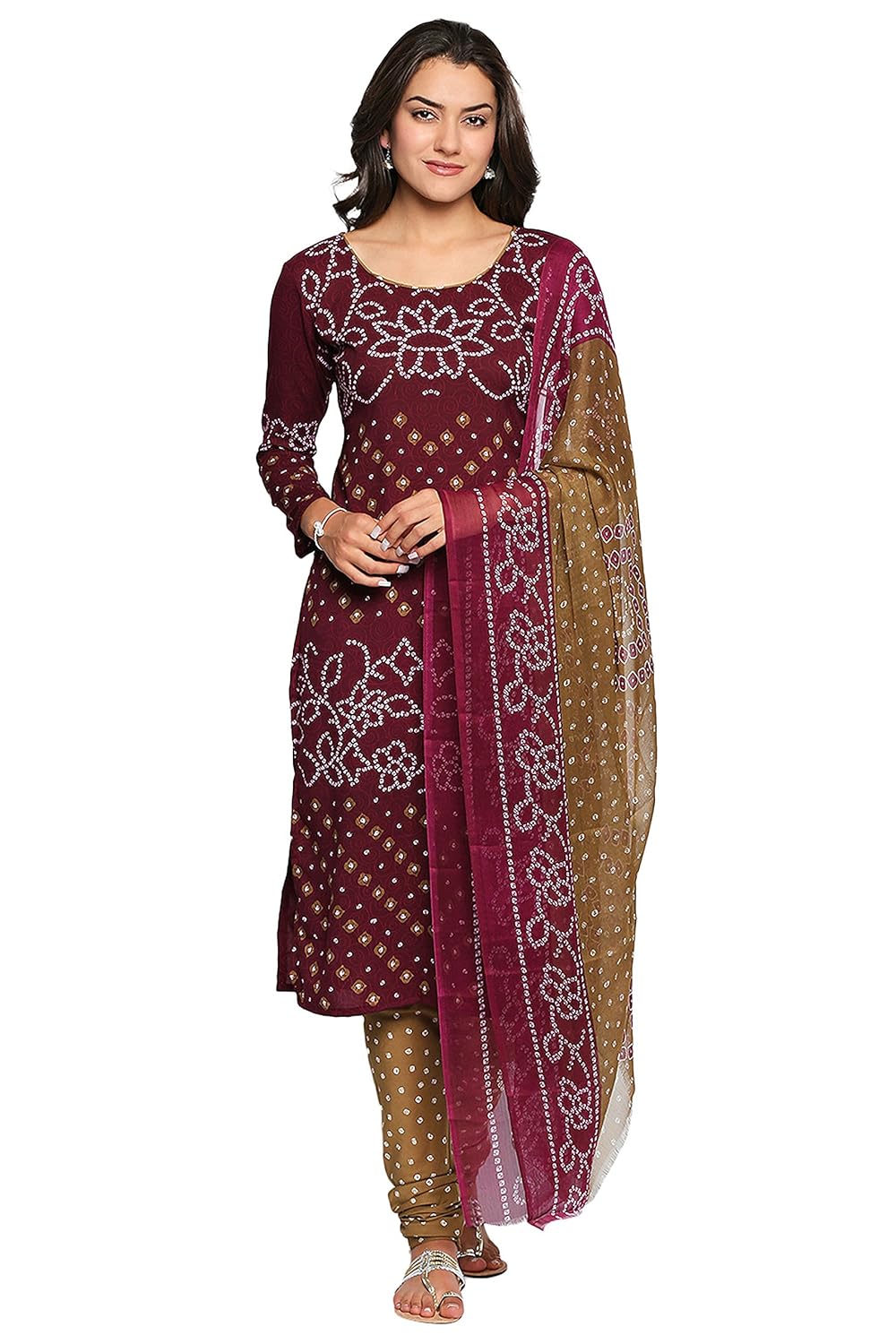 ishin women's crepe unstitched dress material (purple & beige_ free size)