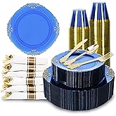 Pryntono 350PCS Gold and Blue Plastic Plates, Gold Plastic Dinnerware Sets for 50 Guests, 100 Disposable Plates, 150 Silverware, 50 Cups, 50 Napkins for Party and Wedding