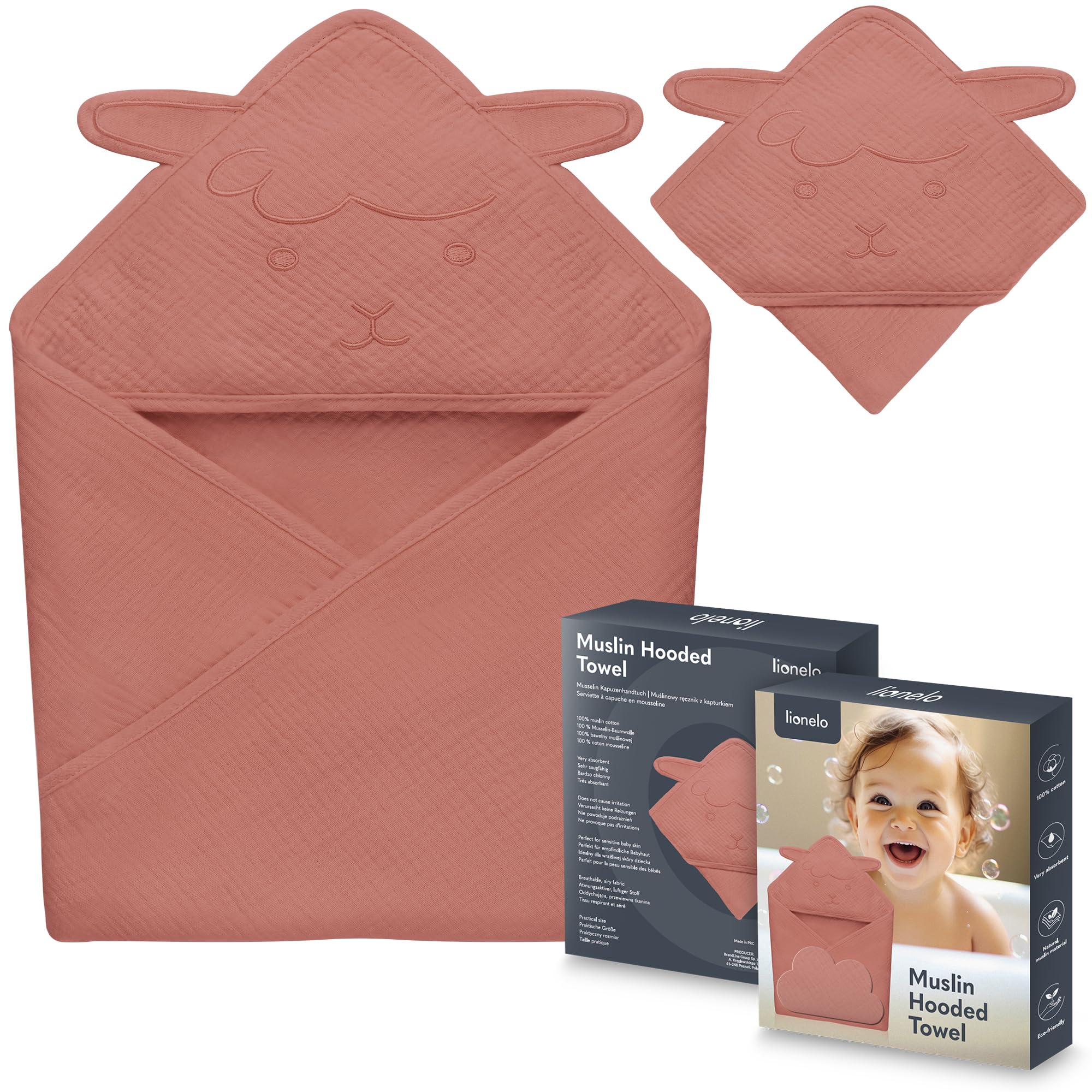 lionelo Baby Hooded Towel 100% Natural Muslin Cotton 80x80cm Absorbent Bath Towel with Hood for Newborns & Toddlers 6 Colours Soft & Breathable, Swaddle Muslin, Nursery Blankets (Red, 80x80 cm)