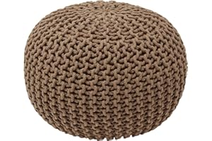 Ornavo Home Pouf Ottoman Foot Rest - 100% Cotton Pouffe - Hand Knitted Cable Braid Cord - Boho Round Stuffed Ottoman for Living Room, Bedroom - Taupe/Brown
