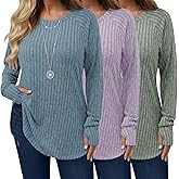 Riyiper 3 Pack Women's Plus Size Long Sleeve Sweaters, Curved Hem Side Split Crew Neck Loose Fall Tunic Tops with Thumb Hole