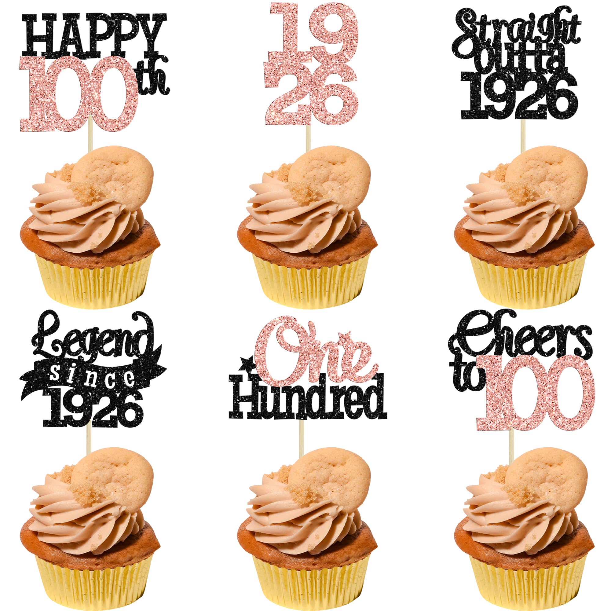 Gyufise 24Pcs Happy 100th Birthday Cupcake Toppers 100 Legend Since 1926 Cupcake Picks Cheers to 100 Years Cake Decorations for 100th Birthday Anniversary Party Supplies Black Rose Gold