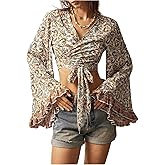 MakeMeChic Women's Summer Bell Sleeve Floral Tops Wrap V Neck Blouse Tie Front Boho Crop Tops