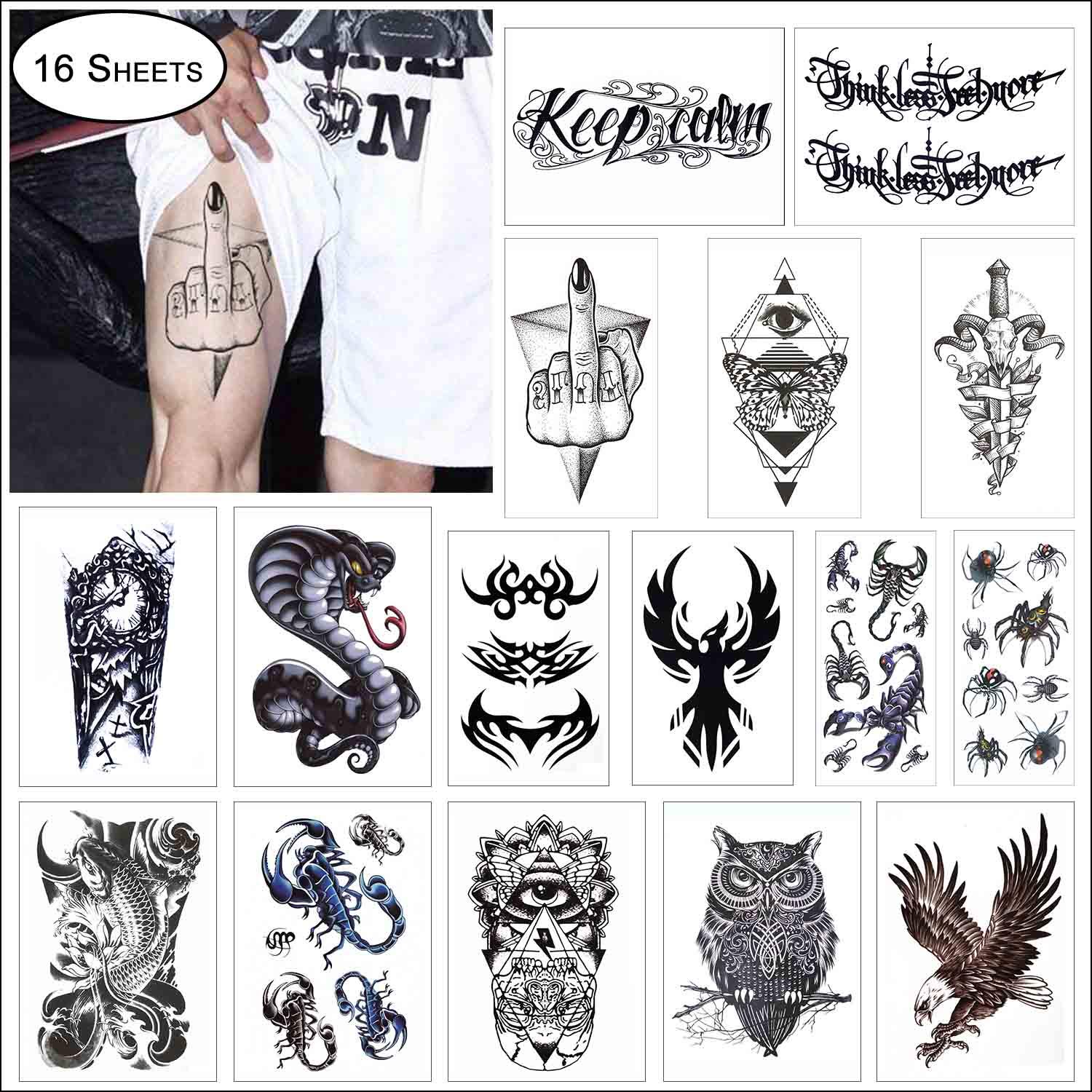 COKOHAPPY 16 Sheets Black Large Temporary Tattoo for Guys Man Arm Shoulder Tribal Symbols, Koi Fish, Eagle Hawks, Owl, Snake, Scorpion, Spider