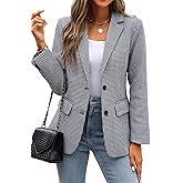 ELLEVEN Women's Lapel Collar Plaid 2 Button Boyfriend Blazer Suit Houndstooth Work Office Blazer Jacket