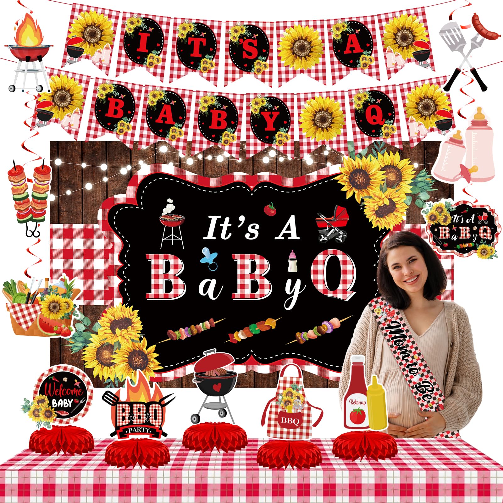 Photo 1 of Baby Q Party Decorations BBQ Baby Shower Banner Backdrop BBQ Table Centerpieces Hanging Swirls Baby Q Banner Tablecloth Mom to Be Sash Its a Baby Q Barbecue Gender Reveal Decorations for Picnic 16PCS