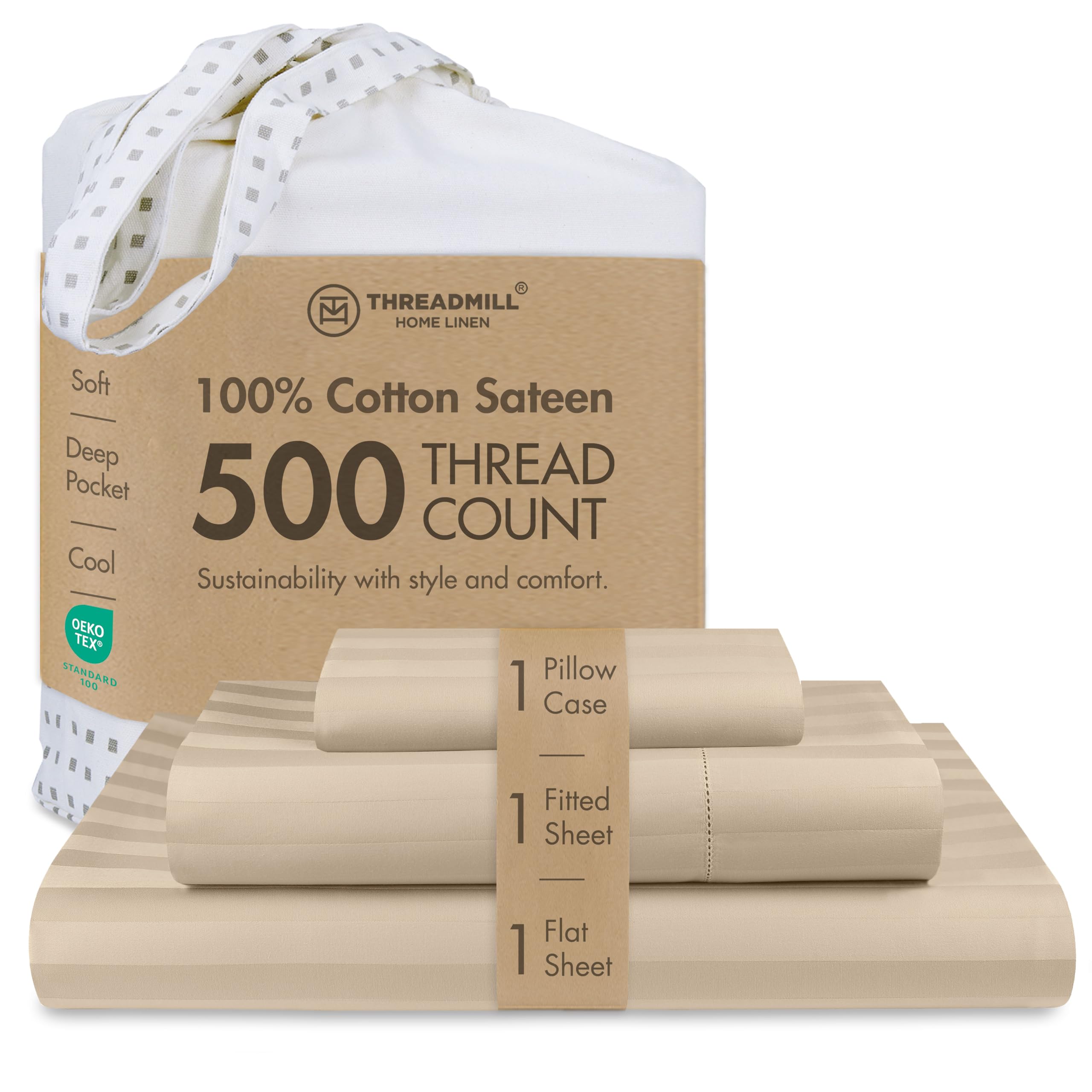 Threadmill 500 Thread Count Twin Size Damask Stripe, 3 Pc Luxury Cotton Bedding Set, Breathable Light Beige Sheets with 15" Elasticized Deep Pocket, 1 Pillowcase & Free Tote Bag Image