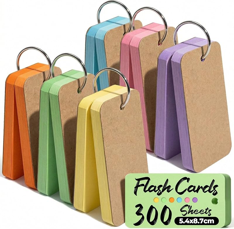 Koogel 6 Pack Flash Cards 300 Sheets 6 Colors Portable Ring Binder Blank Cards