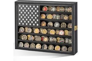 GYAOZII Challenge Coin Display Case Large, 14"x18" Military Medal Shadow Box HD Acrylic Glass 2 Groove Shelves, Retro Coin Holder with American Flag for Casino Poker Chips Exquisite Souvenirs