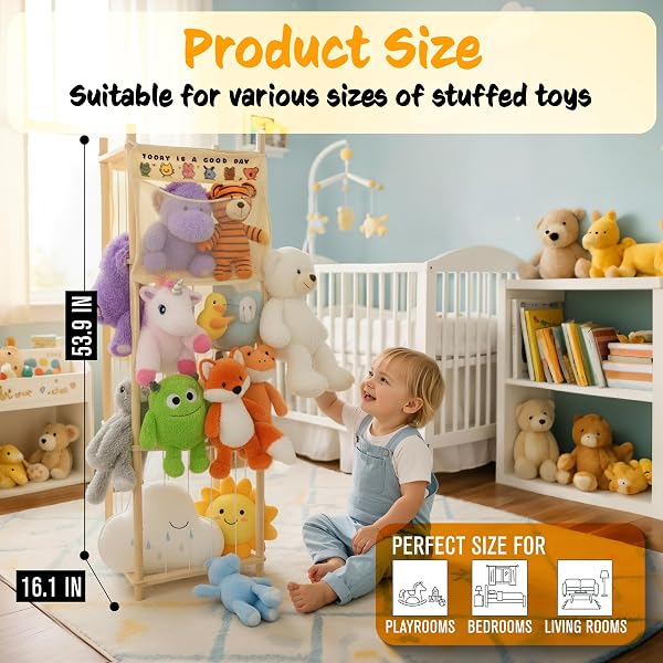 54-INCH TALL STUFFED ANIMAL STORAGE ORGANIZER – PREMIUM WOODEN PLUSH TOY HOLDER ZOO, LARGE TOY STORAGE TOWER WITH ELASTIC ROPE & SIDE STORAGE BAG FOR KIDS ROOM, NURSERY, PLAYROOM, CORNER (SPRINOAK)