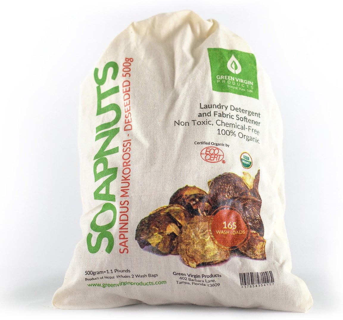 Green Virgin Soap Nuts (500 Grams=1.1 Lbs=8.8 Grams), Approx 165 Wash Loads, Includes 2 Wash Bags.USDA Organic[Amazon-developed Certification] Compact by Design
