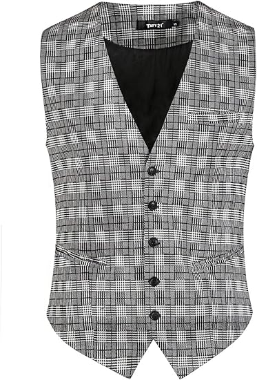 Tatt 21 Men Plaid Formal Dress Vest Slim Fit V Neck Business Suit