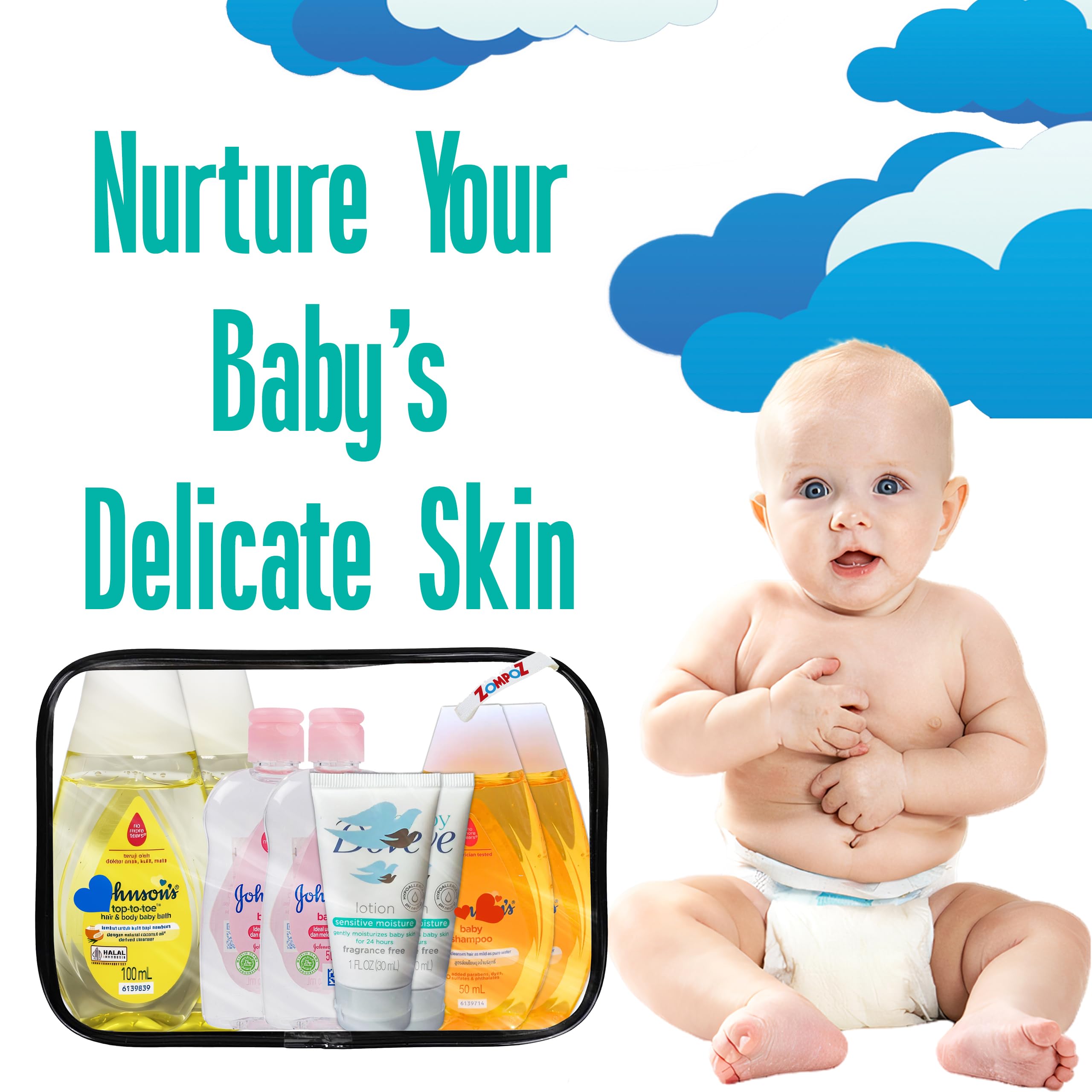 Bath Essentials Travel Kit, 8 Piece TSA Approved Travel Size Bottles Toiletries Kit, Baby Shampoo (2) Top to Toe Body Wash (2) Baby Oil (2) Baby Sensitive Lotion(2)