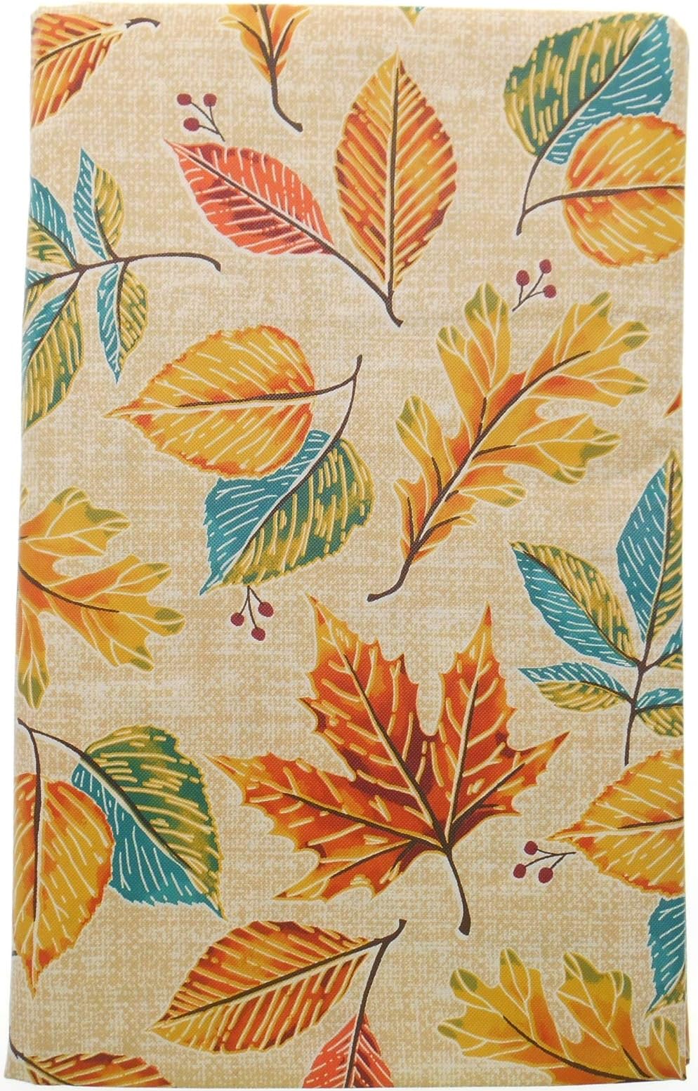 Multi Colored Leaves Vinyl Fall Tablecloth with Flannel Backing and Teal Leaves Accents. (60" Round)