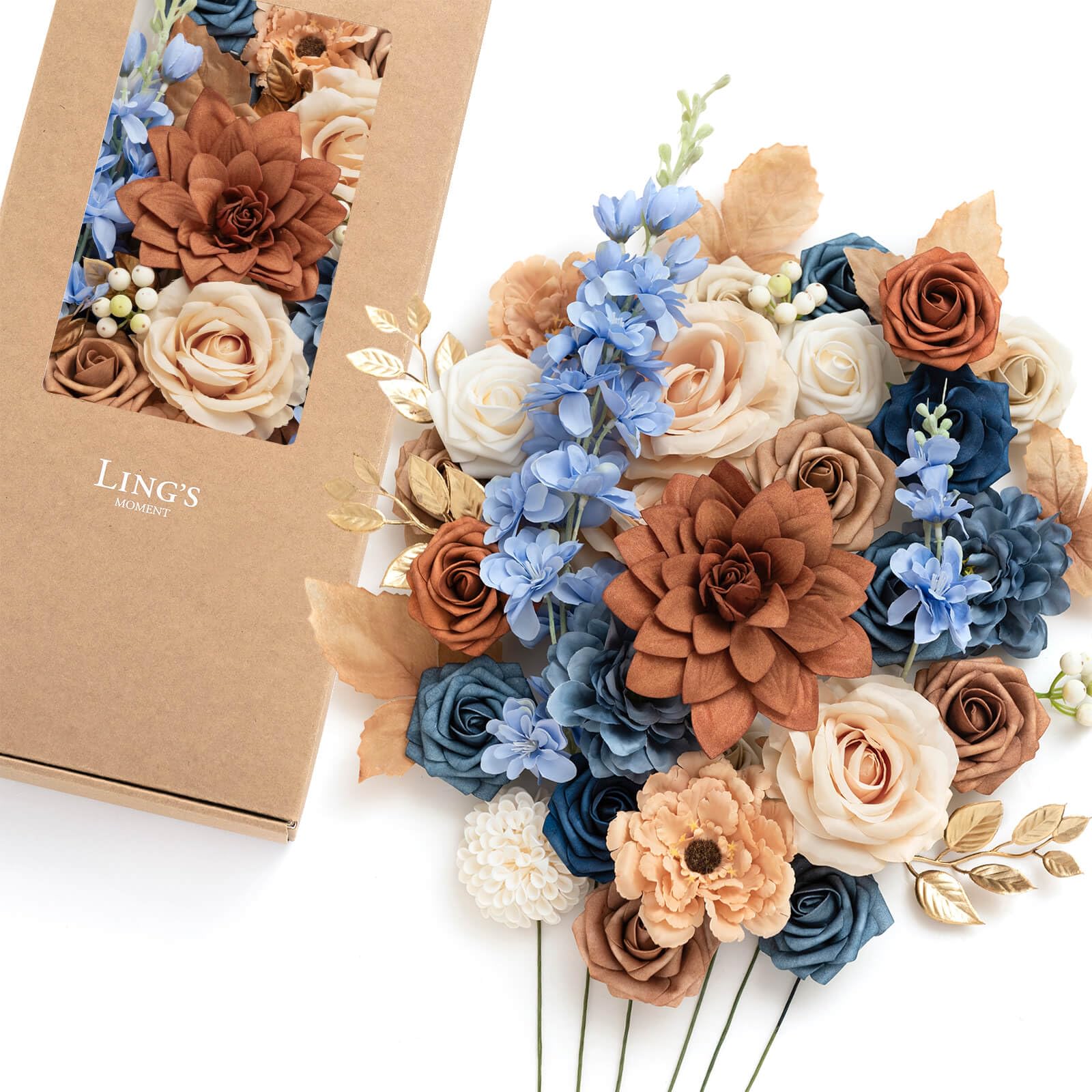 Photo 1 of Ling's moment Burnt Orange & Navy Artificial Flowers and Greenery Deluxe Combo Box Set, Terracotta Fake Flower for DIY Wedding Bridal Bouquet, Centerpieces Decor, Floral Arrangement Decor, etc.