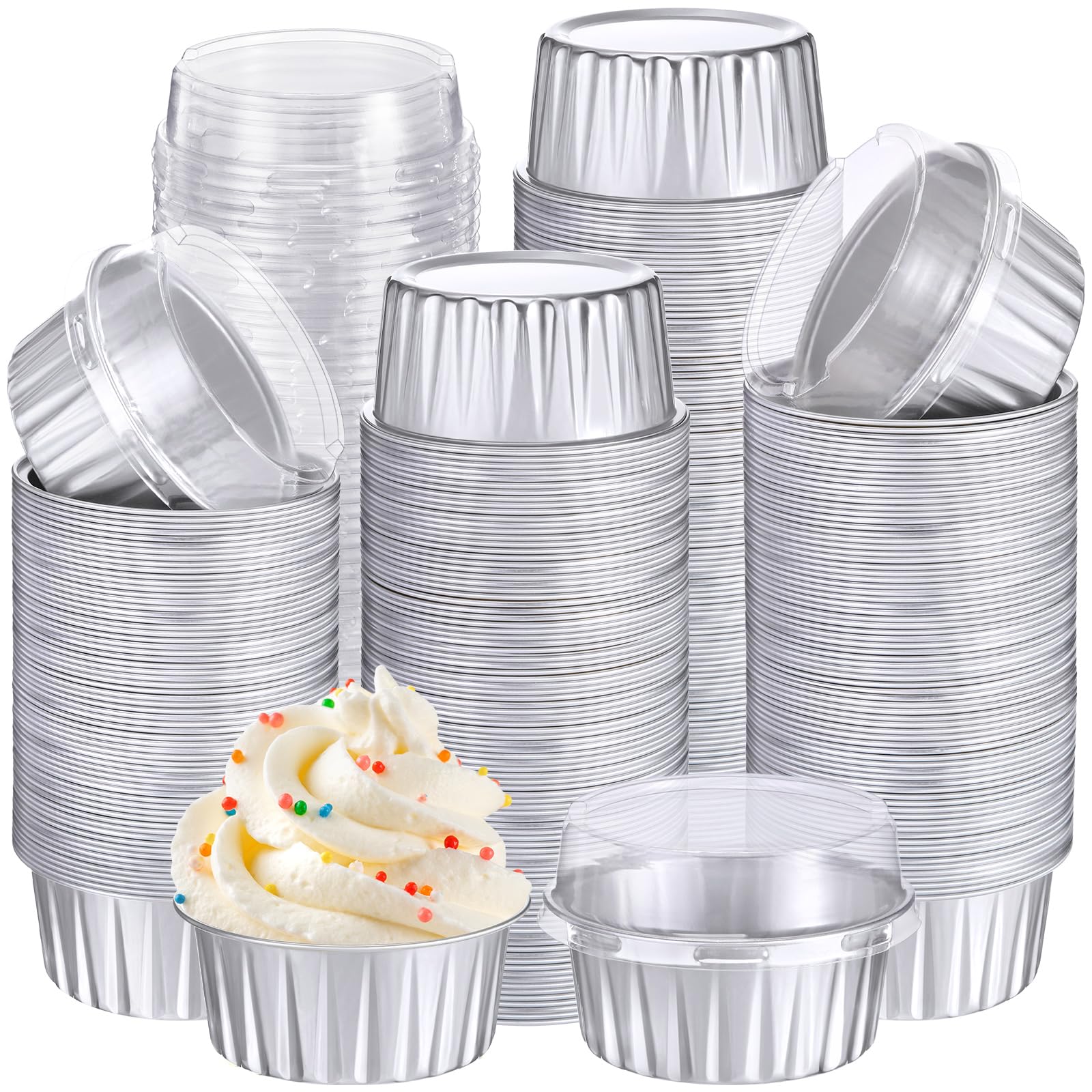 Photo 1 of Gejoy 400 Pcs Aluminum Foil Baking Cups with Lids 5 oz Disposable Ramekins Mini Cake Pans Creme Brulee Cupcake Liners Muffin Tins Flan Mold Dessert Container for Wedding(Silver,Classic)