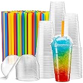 [40 Sets - 24 Oz] Crystal Clear PET Plastic Cups With Dome lids & Straws for Iced Coffee, Cold Drinks, Milkshake, Slush Cup, Smoothy's, Slurpee, Party's, Plastic Disposable Cups