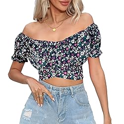 COOUFE Women's Crop Tops Ruffle Short Sleeve Tie
