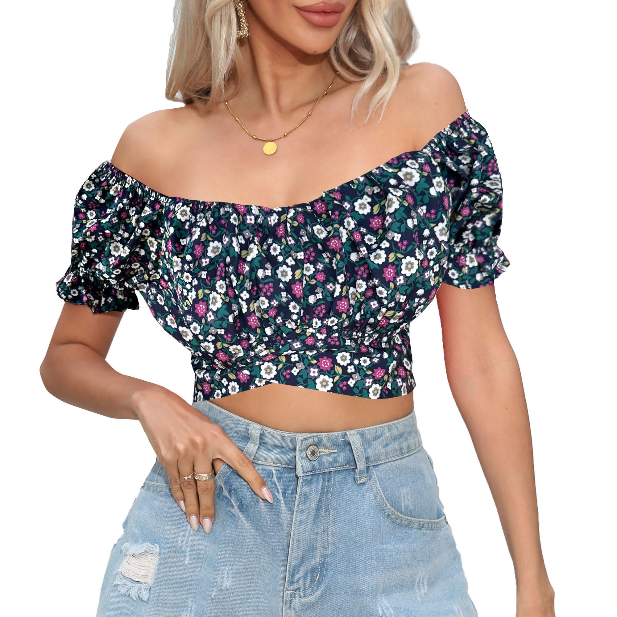 COOUFE Women's Crop Tops Ruffle Short Sleeve Tie
