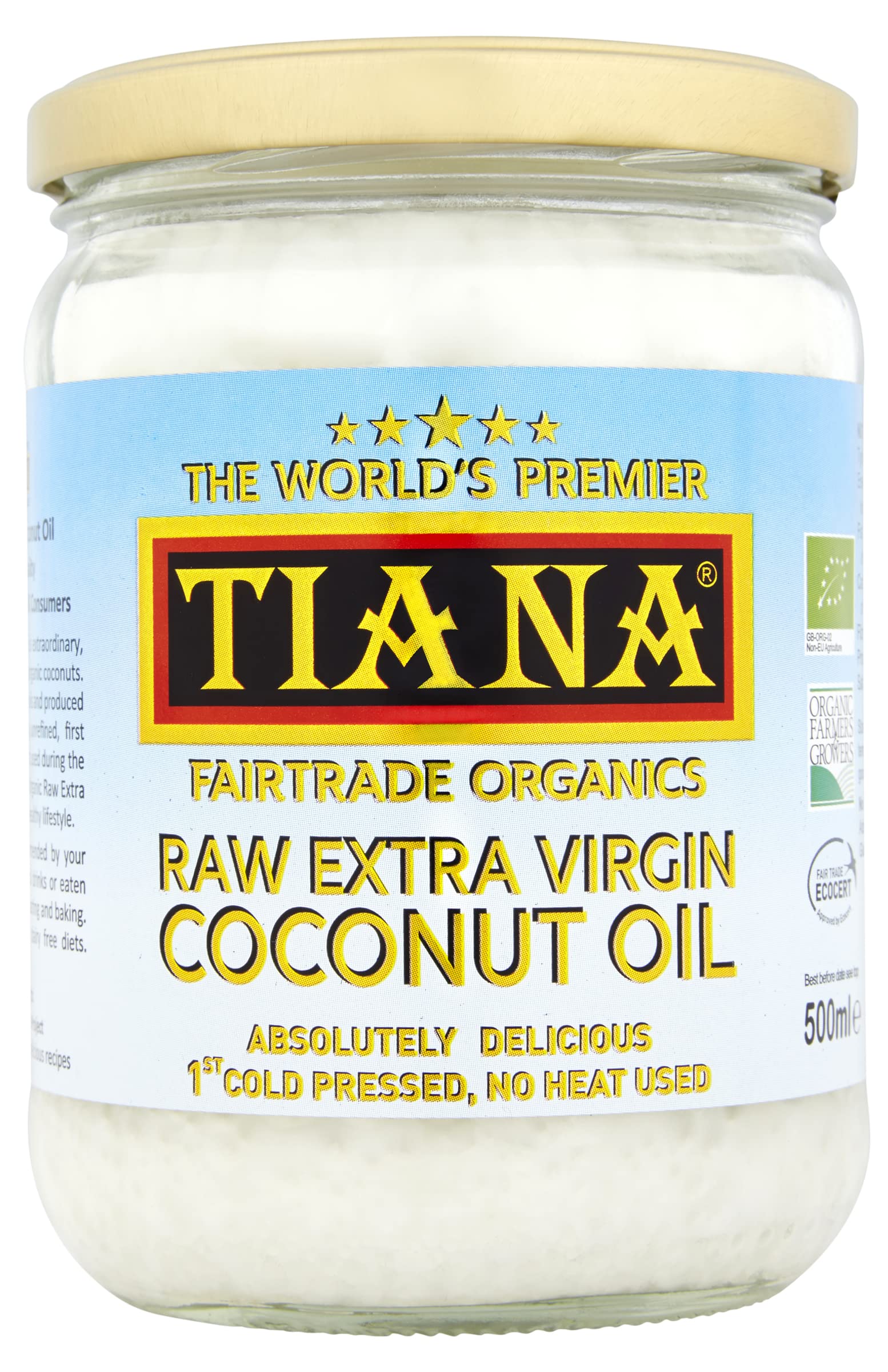 Raw Extra Virgin Coconut Oil 500ml – Organic, First Cold-Pressed & Unrefined – Pure Coconut Oil for Cooking, Skin & Hair – Vegan, Keto & Fairtrade – TIANA