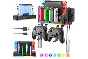 Switch Wall Mount for Joy-con Charger, Organizer for Switch/OLED with Holder, Charging Dock for Joycon with RGB 15 Light Mode