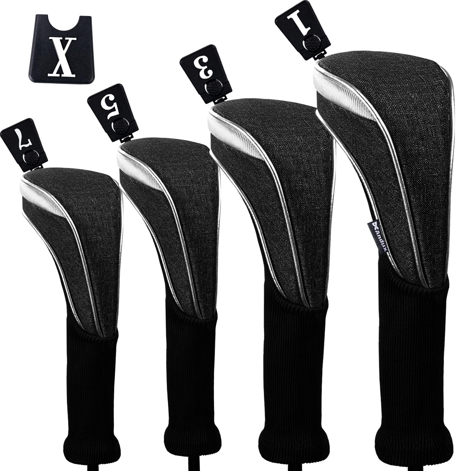 Andux 4pcs/Set Nylon Golf Wood Club Head Covers 460cc Driver Covers Long Neck Black
