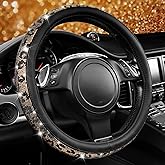 CAR PASS Bling Diamond Steering Wheel Cover Leopard Pattern, Sparkly Crystal Glitter Rhinestones Black Leather Wheel Protect for Women Girl Fit Suvs,Vans,Sedans,Cars,Trucks, 14" 1/2-15" Gold Leopard